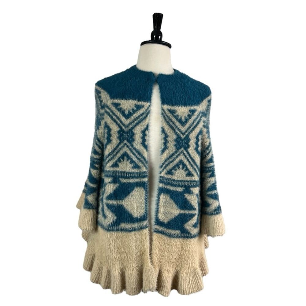 Cobble Lane NEW Women’s Artsy Cardigan Sweater Ruffle Sleeve Hem Fuzzy Size XL